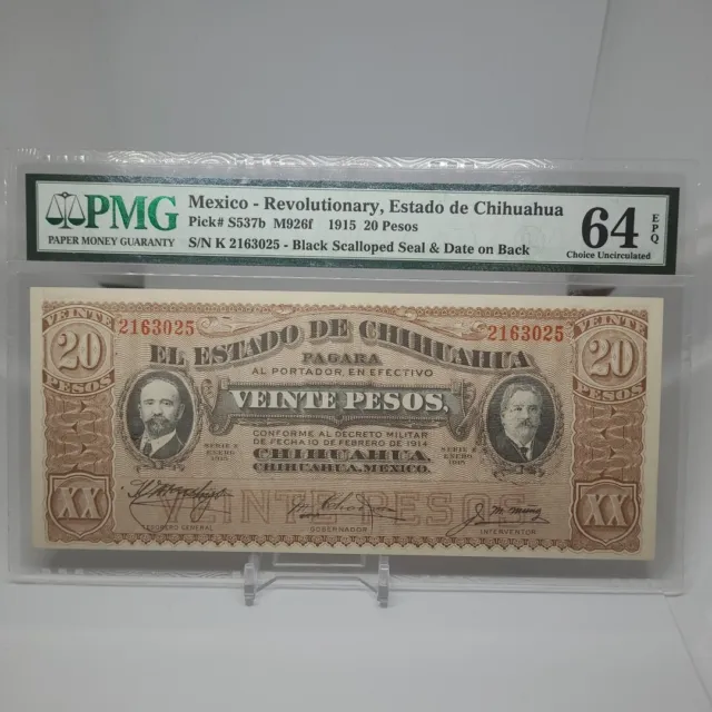 1915 Mexico Revolutionary 20 Pesos Estado de Chihuahua PMG 64 EPQ Choice Unc CU