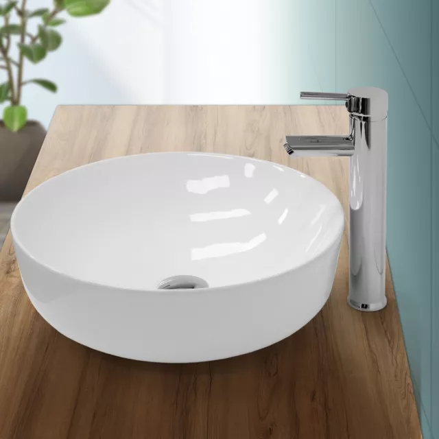 Lavabo sobre encimera redondo lavamanos ceramica blanca baño aseo 400 x 135 mm