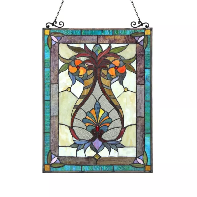 25" Tiffany Style Stained Glass Victorian Teal Hanging Window Panel