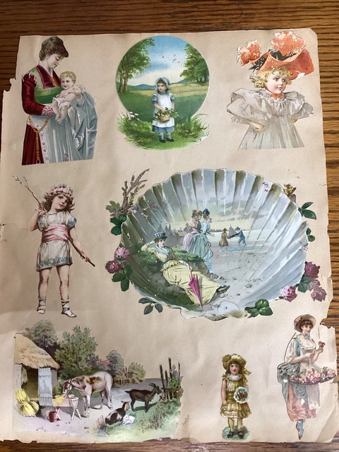 Página de libro de recortes troquelada de colección del siglo XIX con tarjetas victorianas y troquelados en ambos lados