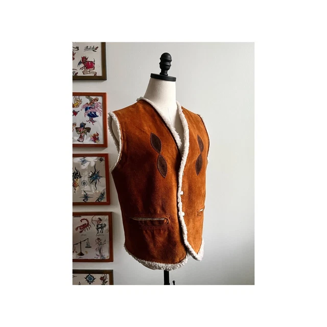 70s vintage suede patch shearling lined vest 1970s