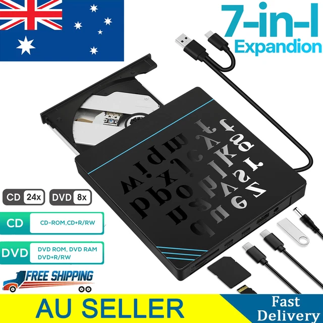 External DVD CD Drive Type-c USB 3.0 7 in 1 Player Burner Plug & Play Ultra Slim