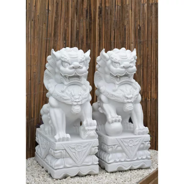 Dinova Pair Foo Dogs Guardian Lions Polymarble White Statues Oriental Garden