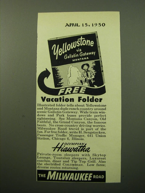 1950 Milwaukee Road Railroad Ad - Yellowstone via Gallatin Gateway Montana