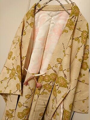 Woman Japanese Kimono HAORI Jacket Plum Blossom Beige Ocher With Cord