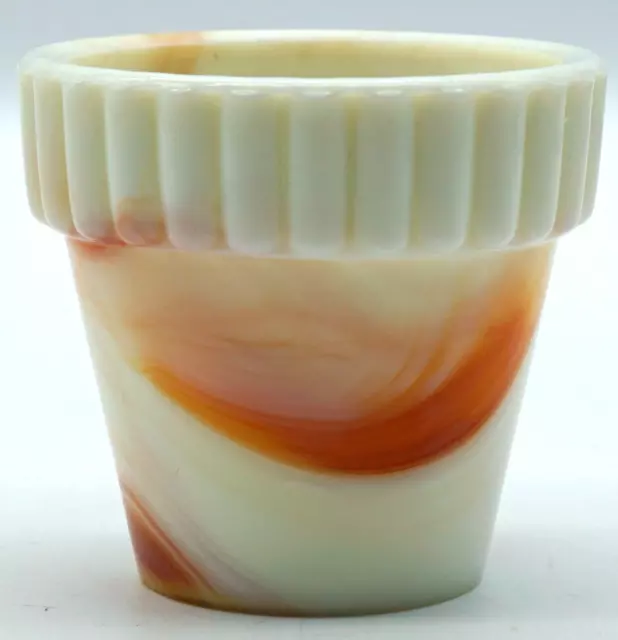 Akro Agate Co Glass Ribbed Top Flower Pot Custard & Orange Swirl Glows 292