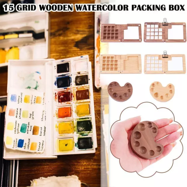 15Grid Portable Wooden Watercolor Packing Box Paint Artist Tray Square W5