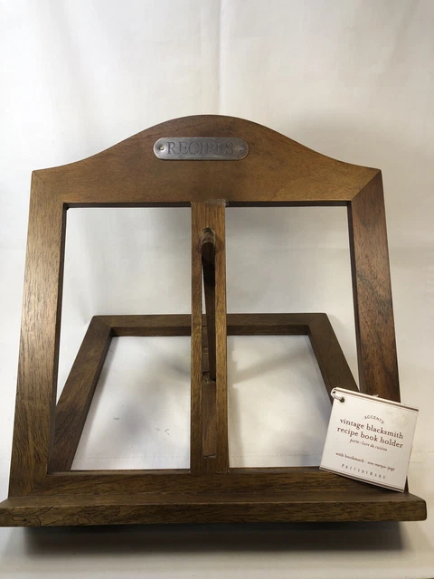 Discontinued Pottery Barn Vintage Black Smith Wood Cookbook Stand w/Steel Plaque