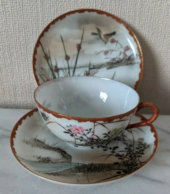 ORIENTAL CUP & 2 Saucers, Fine Porcelain, Vintage, Chinese, Birds **VGC