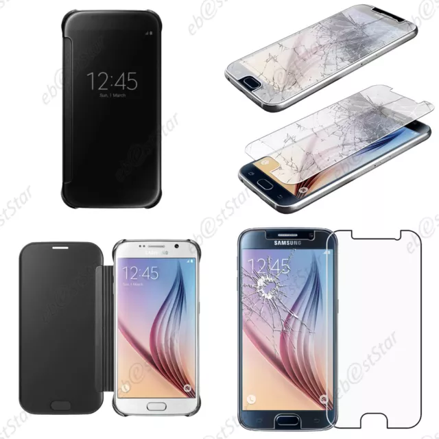 Housse Coque Etui View Clear Cover Noir pour Samsung Galaxy S6 G920F + Verre