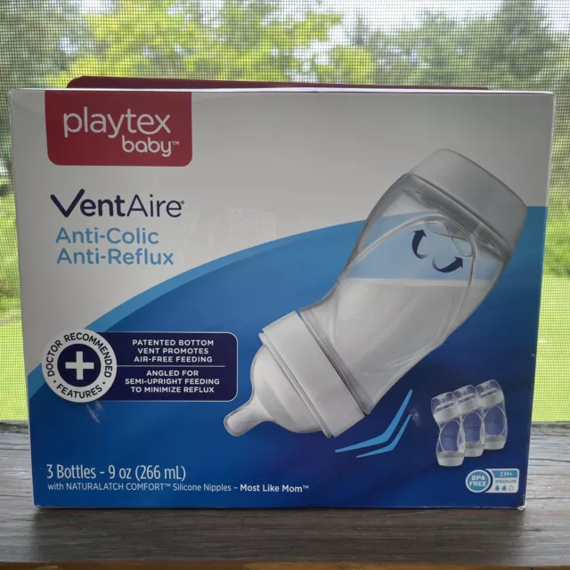 New Lot of 2 Playtex Baby Bottles Vent Aire Anti Colic Tummy Comfort 9 oz 3  M+
