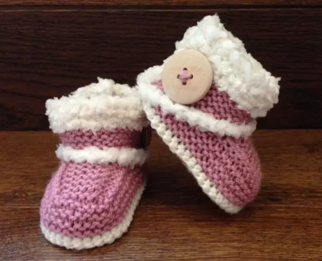 Hand Knitted Baby Booties Boots Slippers Sheepskin Style Button Girls 0-12M