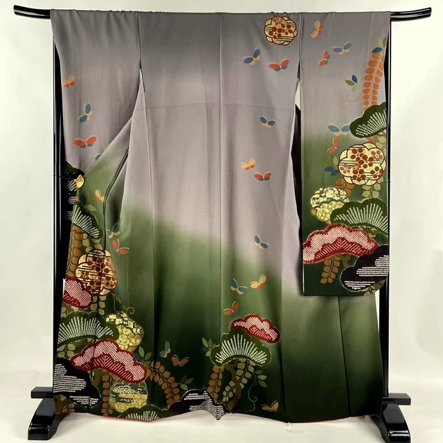 Japanese kimono SILK"FURISODE" long sleeves,Gld leaf,Pine,Shibori ,L5'4.6"..3570