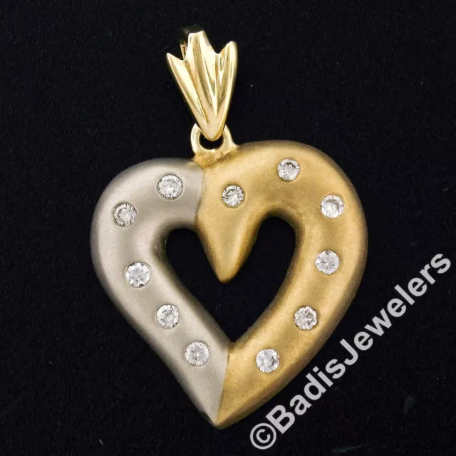 Large 14K TT Gold .44ct Round Burnish Diamond Sandblast Domed Open Heart Pendant