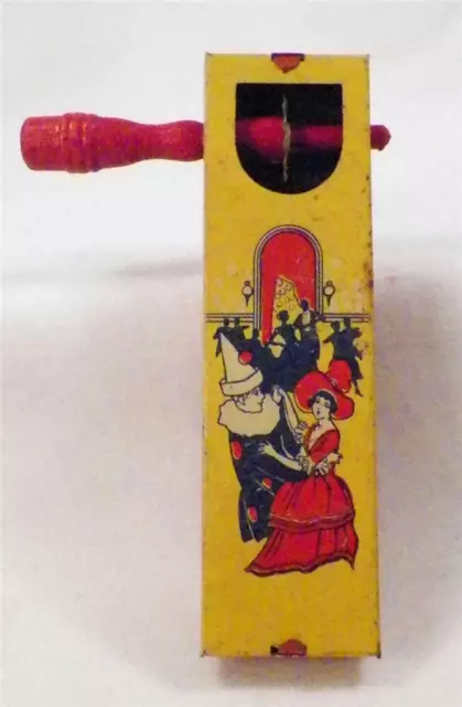 Vintage Tin Noisemaker Toy Kirchhof Ratchet Masquerade New Years Eve Wood Handle