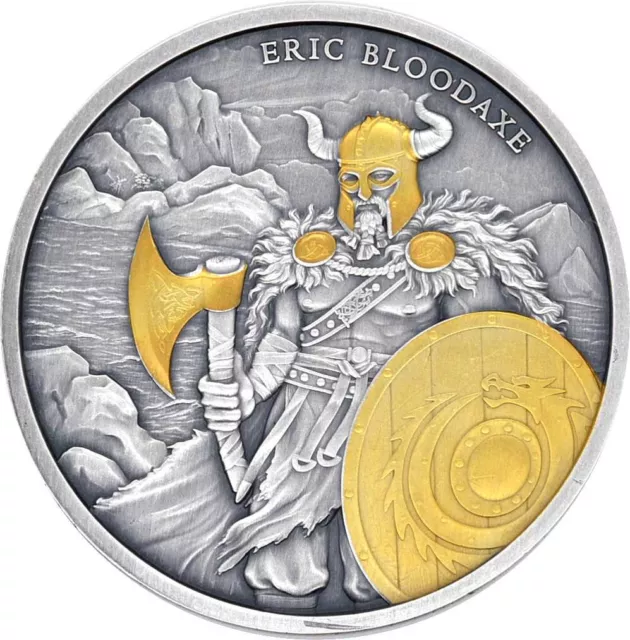 1 OZ plata Eric Bloodaxe legendaria serie Viking Warriors acabado antiguo dorado