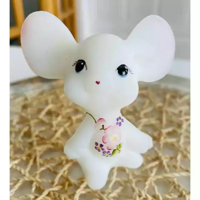 Fenton White Mouse Figurine #23 Handpainted Signed 3" Spring Floral
