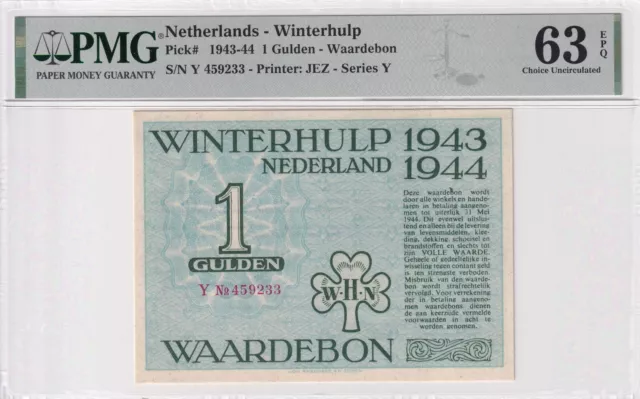 Netherlands 'Winterhulp' 1 Gulden 1944 PMG 63 EPQ