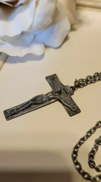 † Vintage INRI Religious Cross Necklace 24"  † Silver Tone