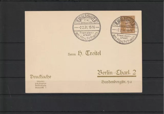 Deutsches Reich Privat-Ganzsache Karte SST Waldshut nach Berlin, 1931 #1100826