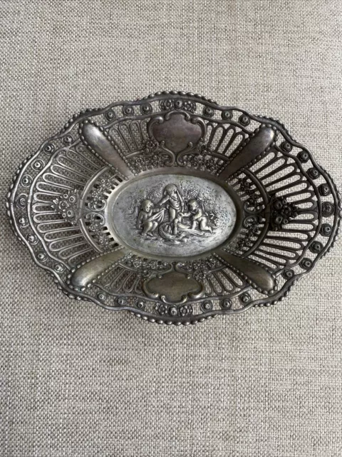 800 Silver ~ REPOUSSE CHERUB BOWL ~ German Putti Cupid Basket - 7" x 5"