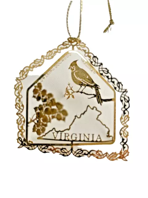 State Of Virginia Dogwood Cardinal  3D Laser Cut Christmas Ornament  Goldtone