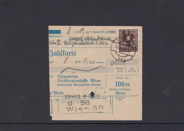 Zahlkarte über 8,19 Reichsmark mit 10 Pf. Einzelfrankatur 10.12.1945 PA Wien 69