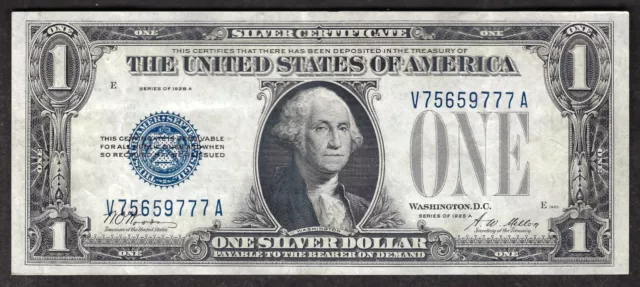 1928-A Silver Certificate Funny Back, Au, "One Silver Dollar Payable To Bearer"