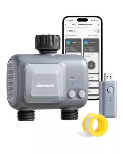 DEWENWILS Sprinkler Timer 2 Zone, WiFi Water Timer 2 Outlets Smart Hose Timer