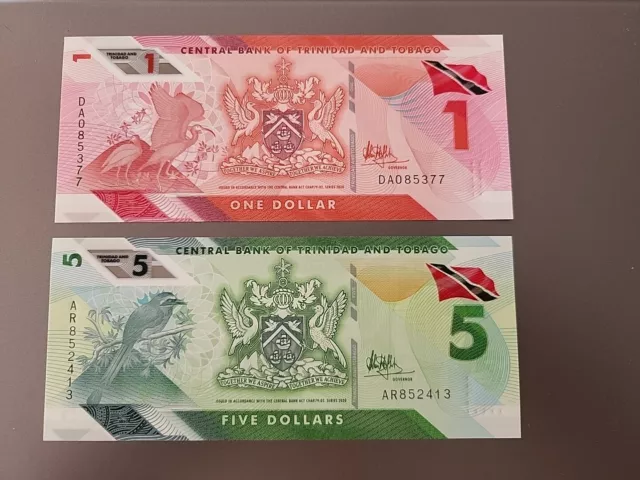 1+5 Dollar Trinidad And Tobago, Polymer Banknoten, Kassenfrisch, 2020