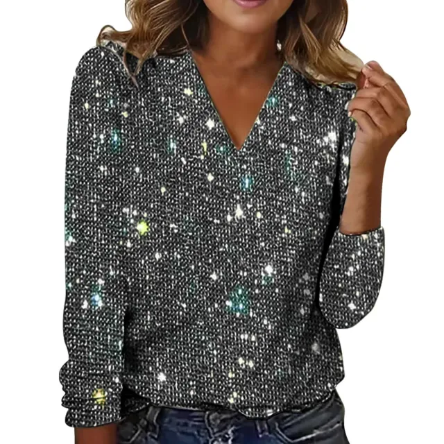 Women's Casual Solid Tops Sequin Long Sleeved V Neck Loose T Shirt Blouse Tops