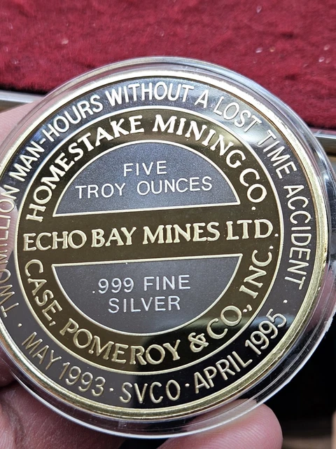 1993 Rare Echo Bay Mines Homestake Mining 5 Oz Troy .999 Silver Round Vintage