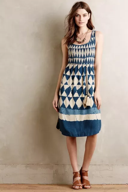 Maeve Anthropologie Castalia Dress Size 4 Indigo Blue Tie Dye Smocked Tassel