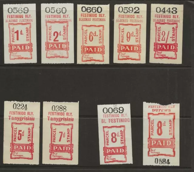 gr71 FESTINIOG RAILWAY PARCEL STAMP PAID 1d - 2/- Unused (9) VARIOUS STATIONS