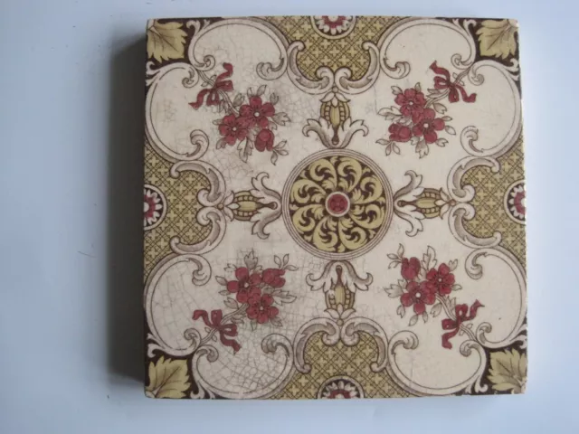 ANTIQUE VICTORIAN MINTONS QUEEN ANNE DESIGN PRINT & TINT 6" WALL TILE c1890