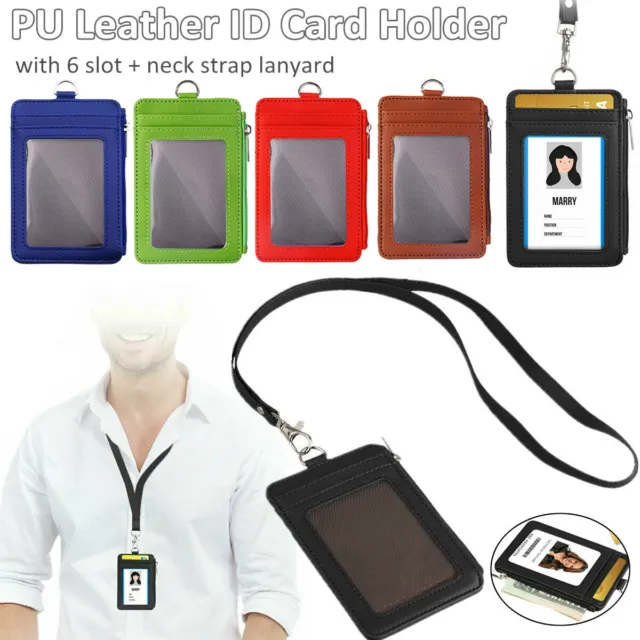 Vertical Leather ID Card Holder Badge Wallet Pocket W/6 Slot Neck Strap Lanyard