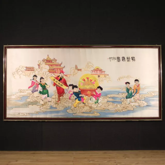 Grande quadro ricamo su seta opera dipinto orientale cinese XX secolo