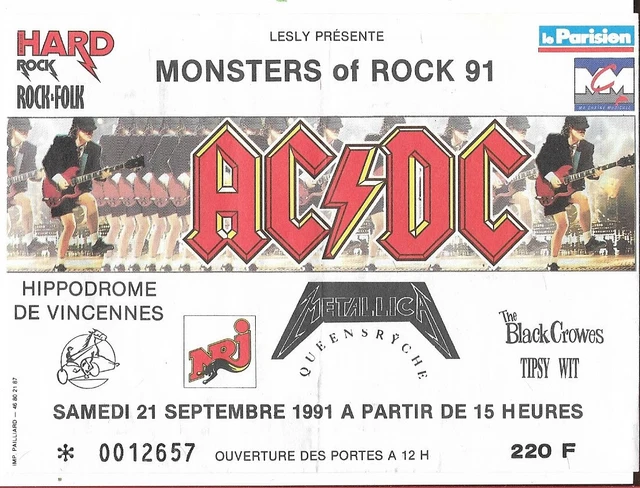 AC/DC METALLICA MONSTERS of rock ancien ticket billet concert FRANCE ...
