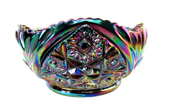 LE Smith Carnival Glass Bowl 7.5 Inch Iridescent Sawtooth Hobstar Daisy Amethyst