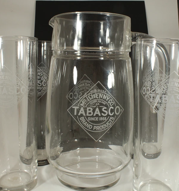 Tabasco McIlhenny & Co. Glass Pitcher & Four Glasses By Arcoroc (France) EUC