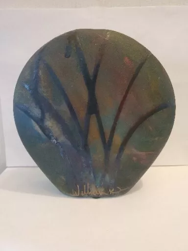 Raku Art Pottery Vase Signed William K Turner Small Round Iridescent Grasses