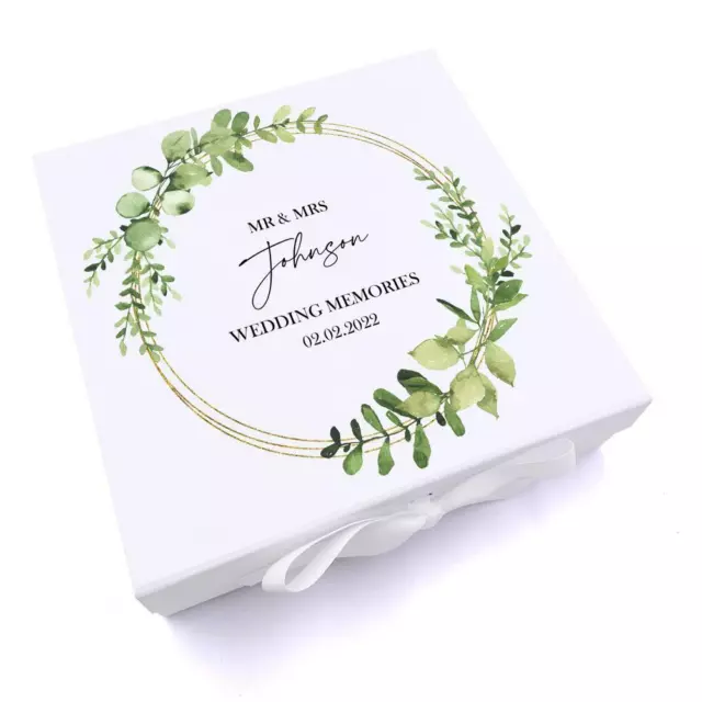 Personalised Wedding Keepsake Box Gift With Eucalyptus and Gold Wreath UV-602