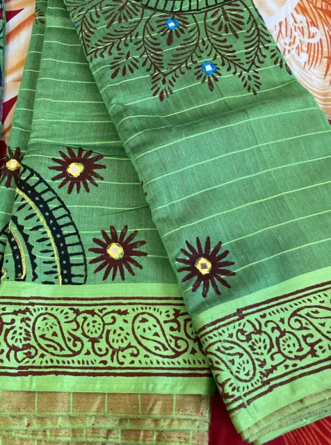 Indian Bangladeshi dhupian silk block print mirror & embroidery work saree Green