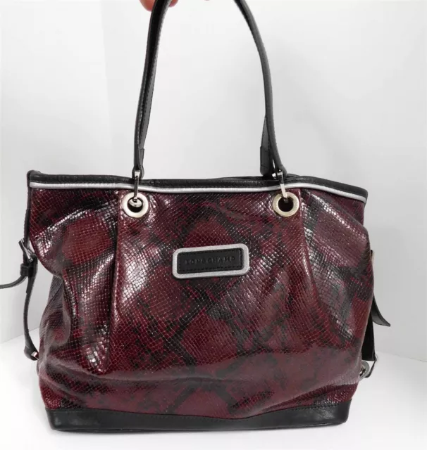 Longchamp France Deep Red Black Reptile Snake Embossed Leather Large Tote Bag