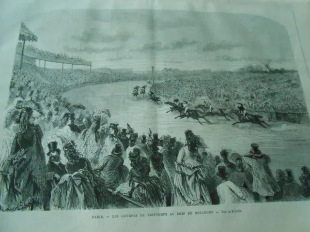 Gravure 1872 - Paris les courses de printemps au Bois de Boulogne
