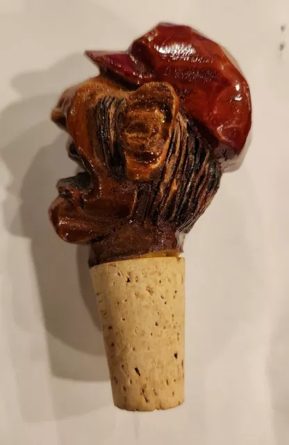 Vintage ANRI Hand Carved Bottle Stopper Wood Wine Cork Folk Art Painted Face Hat 2