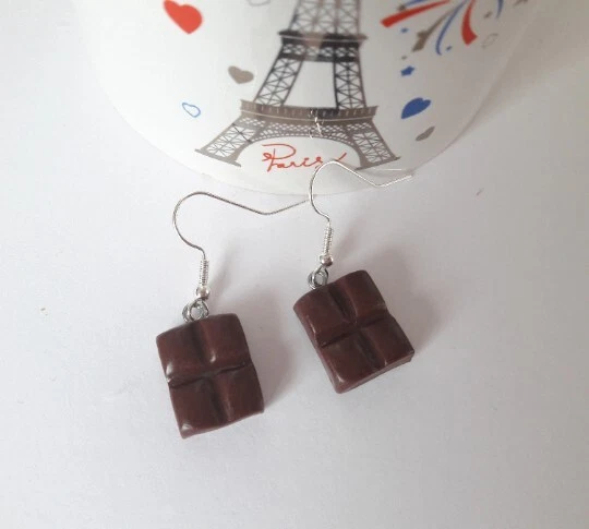 Boucles D'oreilles Cœur Macaron Chocolat-Caramel - Fimo Main - Dormeuses Inox - Neuves