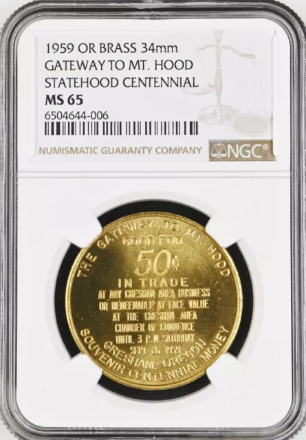 1959 Oregon Centennial Gresham (Mt. Hood) Token - MS65 NGC - Medal (no smoke)