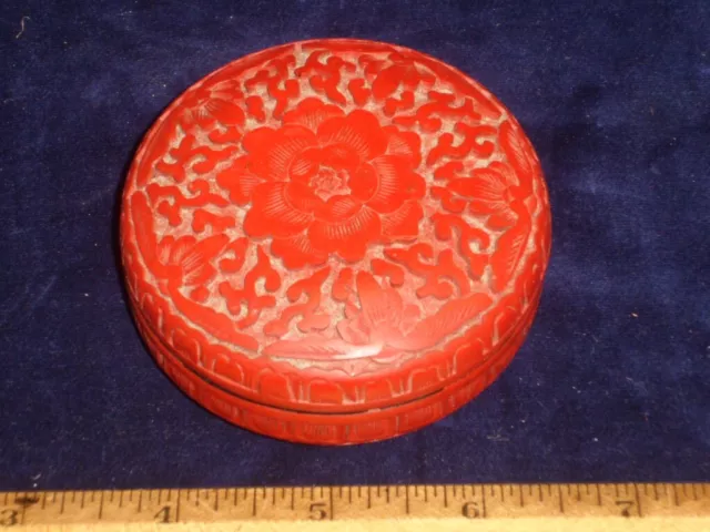 Antique Chinese Small Round Cinnabar Box - Black Lacquer Interior