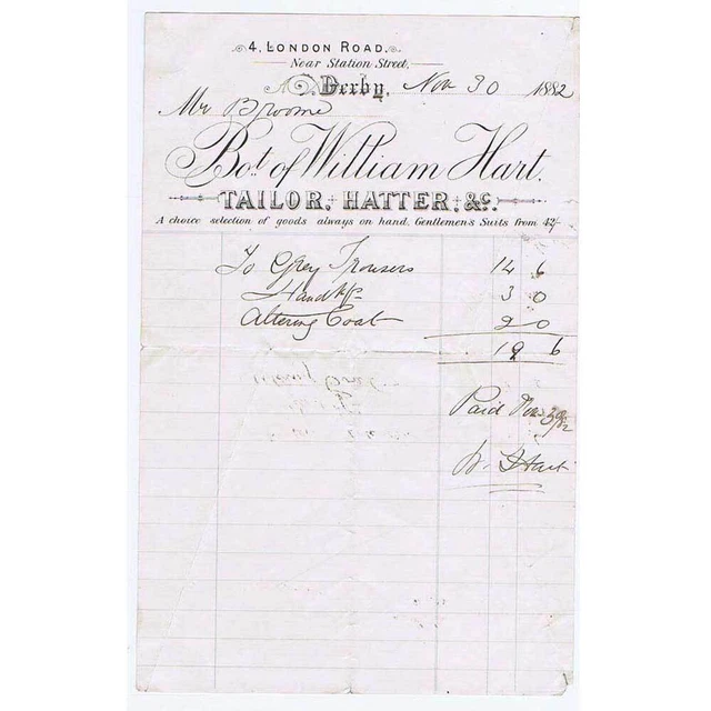 1882 Billhead, William Hart, Tailor & Hatter, London Road, DERBY